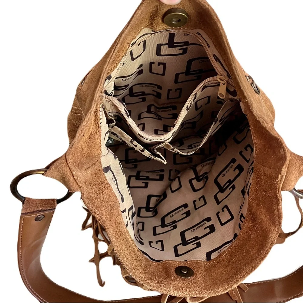 Vintage Y2K 90s Guess Tan Suede Fringe Western Bohemian Hobo Bag